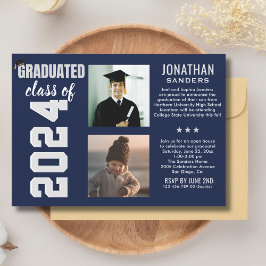 Convite Modern Graduation Party with 2 Photos in Blue