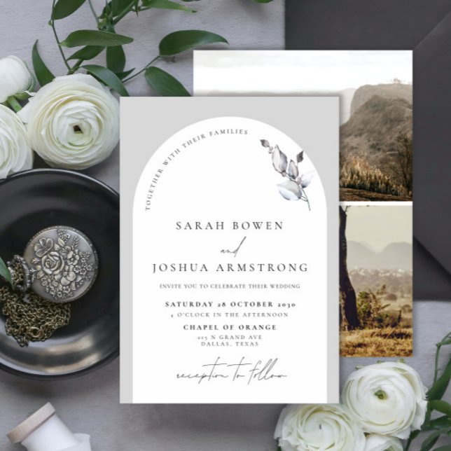 Convite Modern Gray Arch Botanical Script 2 Photo Wedding (Criador carregado)