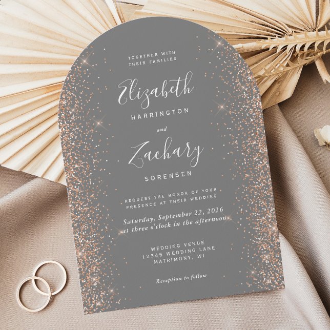 Convite Modern Gray Peach Glitter Arch Wedding (Criador carregado)