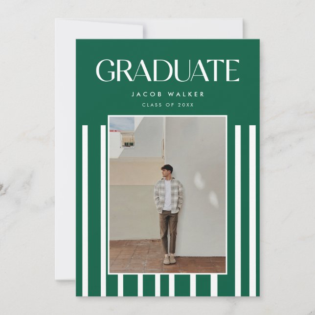 Convite Modern Green Bold 2-Photo Striped Graduation Party (Frente)