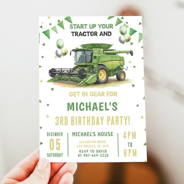 Convite Modern Green Farm Tractor 3rd Birthday Invitation (Criador carregado)