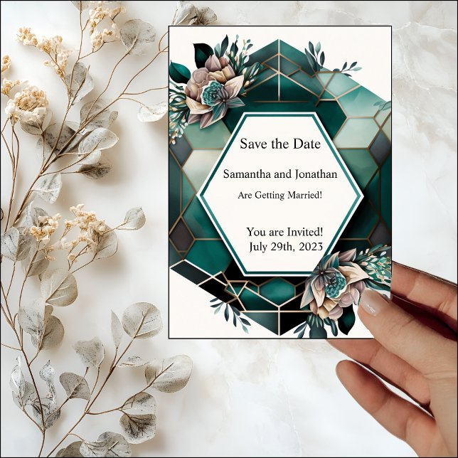 Convite Modern Green Geometric Design Save the Date Card (Criador carregado)