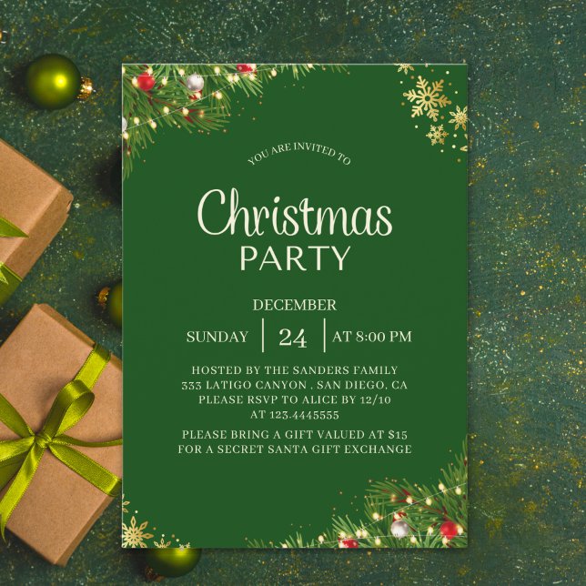 Convite Modern Green & Gold Christmas Party Invitation (Criador carregado)