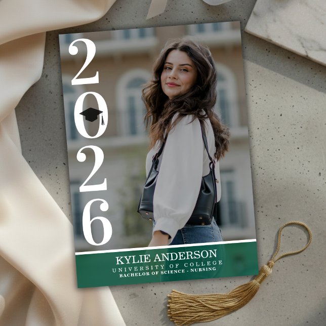 Convite Modern Green Graduation Cap Senior Photo (Modern Green Graduation Cap Senior Photo Invitation)