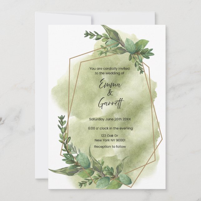 Convite Modern Green Leaf Wedding Invitation (Frente)