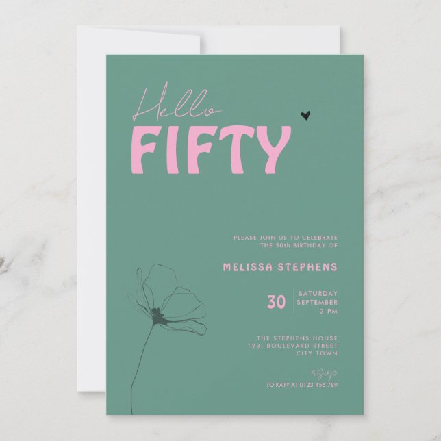 Convite Modern Green Pink Hello Fifty Typo 50th Birthday (Frente)