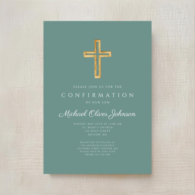 Convite Modern Green Religious Cross Boy Confirmation (Modern Green Religious Cross Boy Confirmation Invitation)