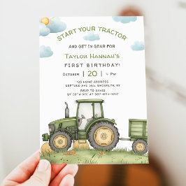 Convite Modern Green Tractor 1st Birthday Party
