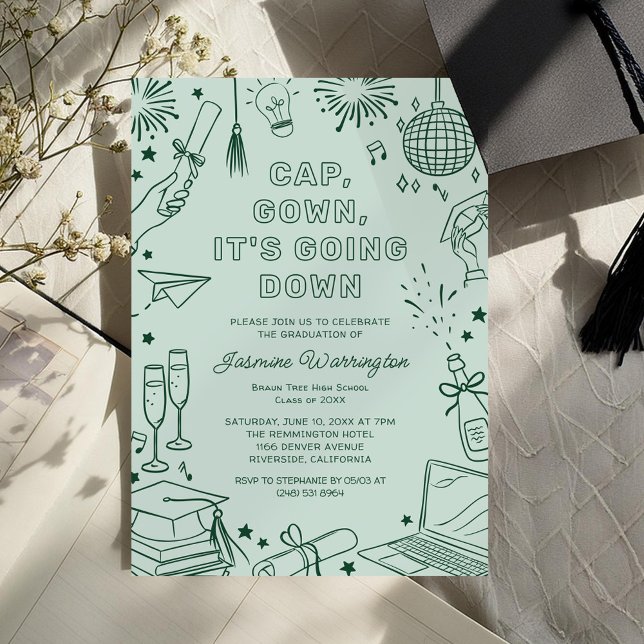 Convite Modern Green Whimsical Doodle Graduation (Criador carregado)
