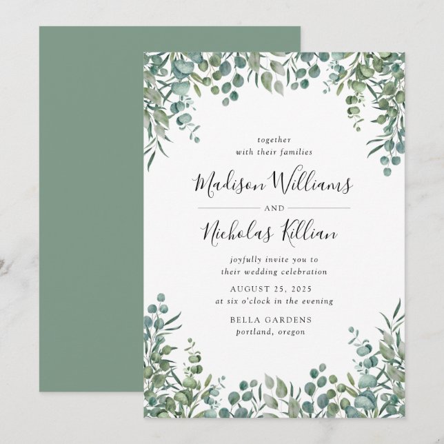 Convite Modern Greenery | Quadro Botânico Casamento (Frente/Verso)