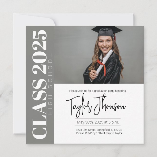 Convite Modern grey Graduation Party Invitation With photo (Frente)