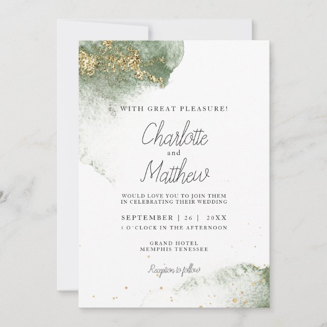 Convite Modern Grün Gold ( Imitat) Watercolour Kleckse (Frente)