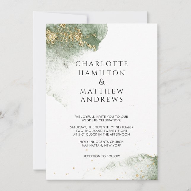 Convite Modern Grün Gold ( Imitat) Watercolour Kleckse (Frente)