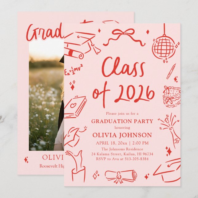 Convite Modern Hand Drawn Class of 2026 Graduation Party (Frente/Verso)