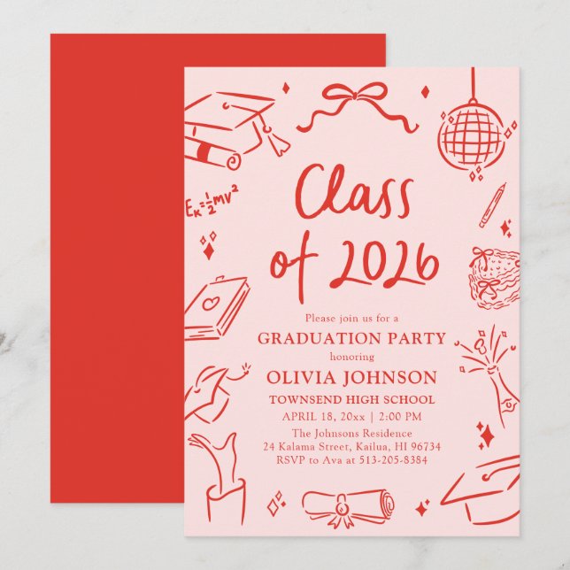 Convite Modern Hand Drawn Class of 2026 Graduation Party (Frente/Verso)