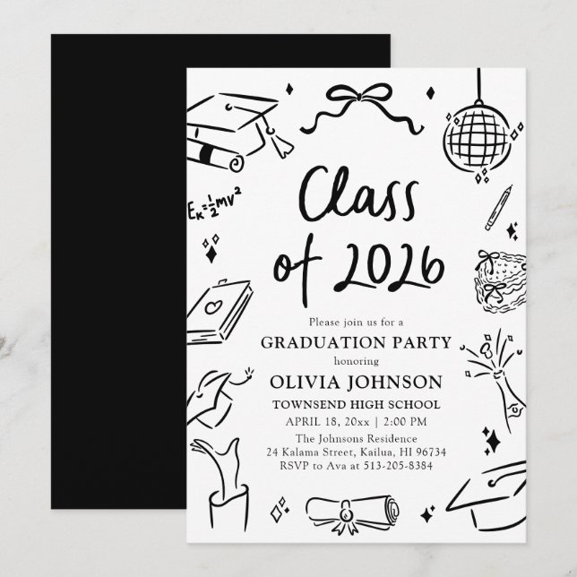 Convite Modern Hand Drawn Class of 2026 Graduation Party (Frente/Verso)
