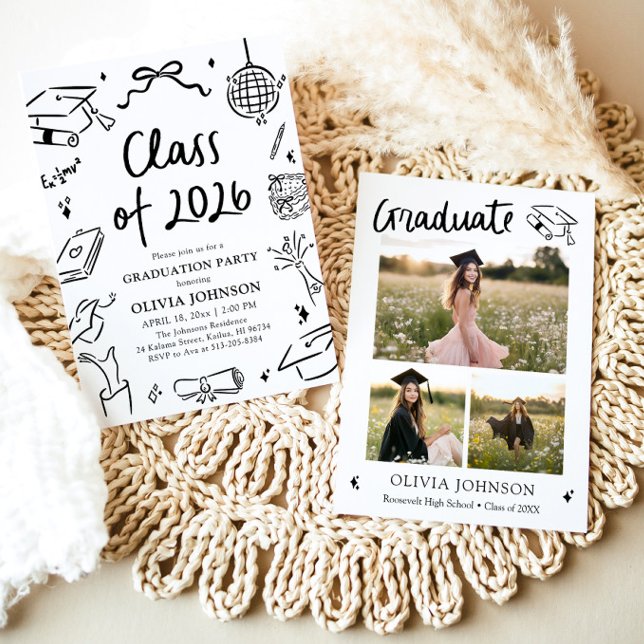 Convite Modern Hand Drawn Class of 2026 Graduation Party (Modern Hand Drawn Class of 2026 Graduation Party Invitation)