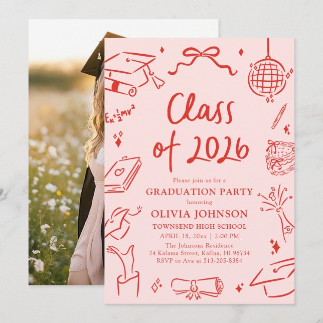 Convite Modern Hand Drawn Class of 2026 Graduation Party (Frente/Verso)