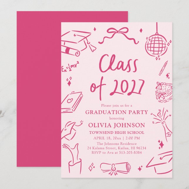 Convite Modern Hand Drawn Class of 2027 Graduation Party (Frente/Verso)
