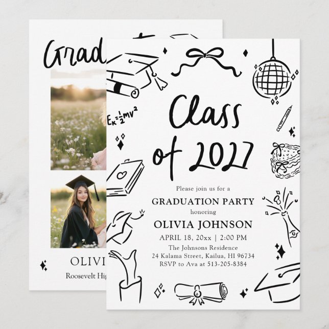 Convite Modern Hand Drawn Class of 2027 Graduation Party (Frente/Verso)