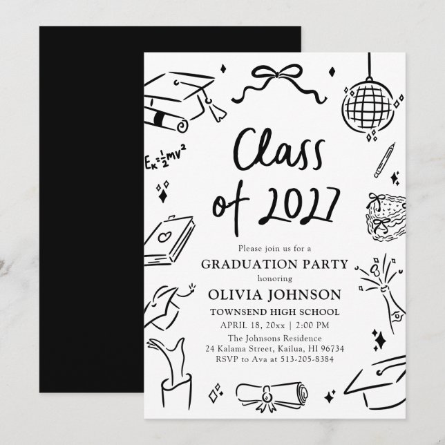 Convite Modern Hand Drawn Class of 2027 Graduation Party (Frente/Verso)