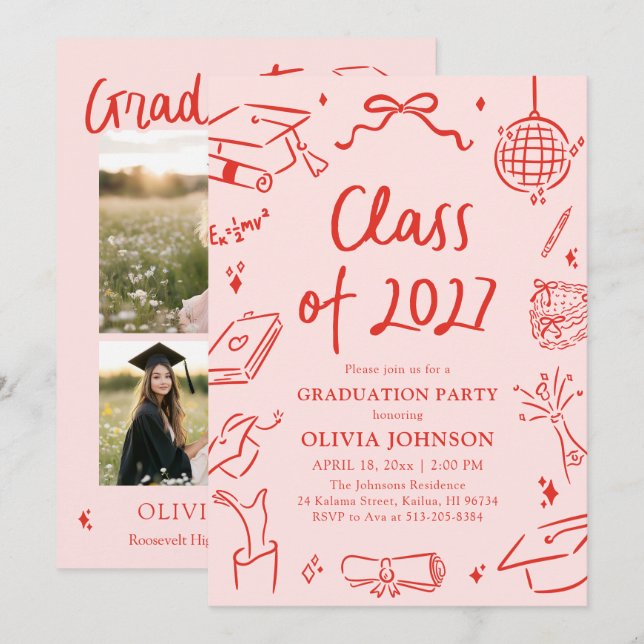 Convite Modern Hand Drawn Class of 2027 Graduation Party (Frente/Verso)