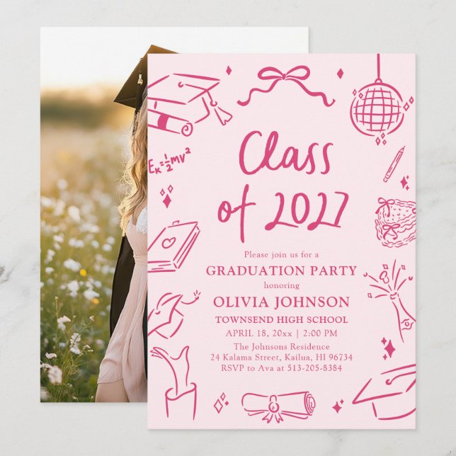 Convite Modern Hand Drawn Class of 2027 Graduation Party (Frente/Verso)