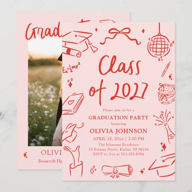 Convite Modern Hand Drawn Class of 2027 Graduation Party (Frente/Verso)