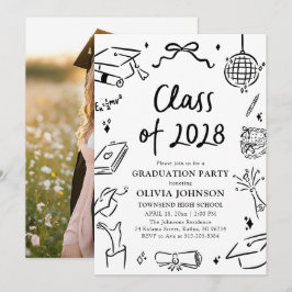 Convite Modern Hand Drawn Class of 2028 Graduation Party