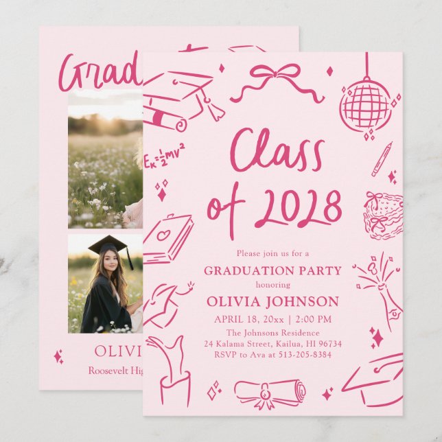 Convite Modern Hand Drawn Class of 2028 Graduation Party (Frente/Verso)