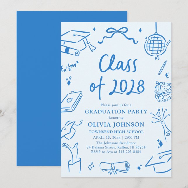 Convite Modern Hand Drawn Class of 2028 Graduation Party (Frente/Verso)