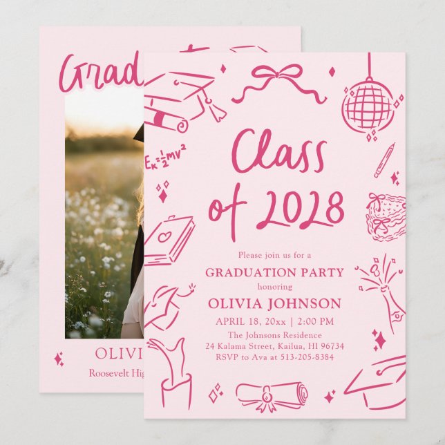 Convite Modern Hand Drawn Class of 2028 Graduation Party (Frente/Verso)