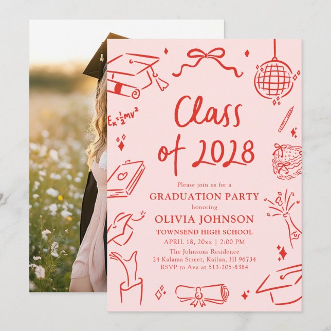 Convite Modern Hand Drawn Class of 2028 Graduation Party (Frente/Verso)