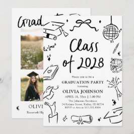 Convite Modern Hand Drawn Class of 2028 Graduation Party