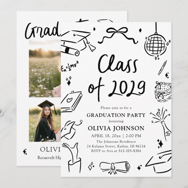 Convite Modern Hand Drawn Class of 2029 Graduation Party (Frente/Verso)