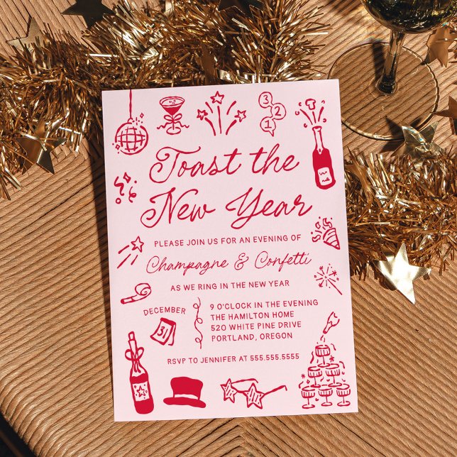 Convite Modern Hand Drawn Red Doodle New Year’s Eve Party (Criador carregado)