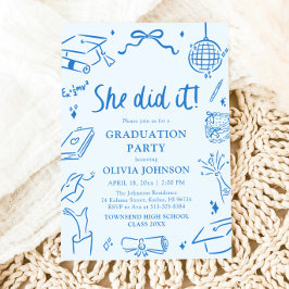 Convite Modern Hand Drawn She did it Blue Graduation Party