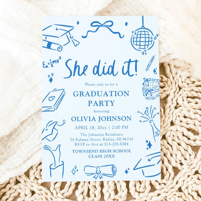 Convite Modern Hand Drawn She did it Blue Graduation Party (Modern Hand Drawn She did it Graduation Party Invitation)