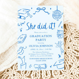 Convite Modern Hand Drawn She did it Blue Graduation Party