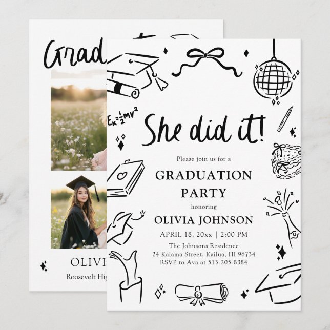 Convite Modern Hand Drawn She did it Graduation Party (Frente/Verso)