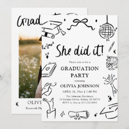 Convite Modern Hand Drawn She did it Graduation Party