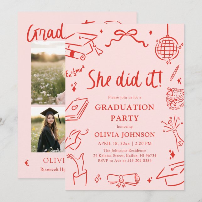 Convite Modern Hand Drawn She did it Graduation Party (Frente/Verso)