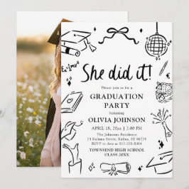 Convite Modern Hand Drawn She did it Graduation Party
