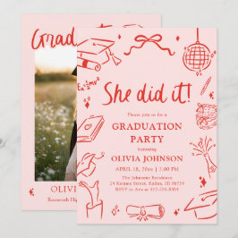 Convite Modern Hand Drawn She did it Graduation Party