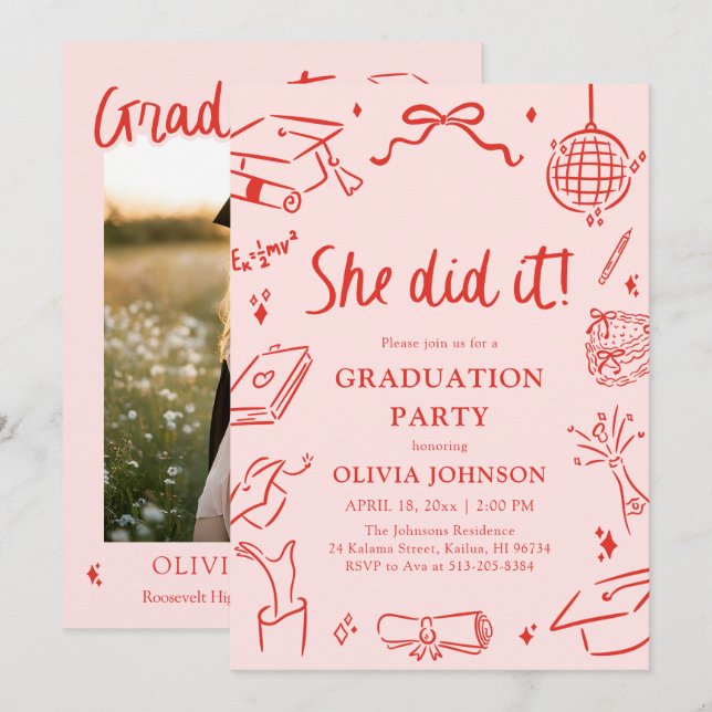 Convite Modern Hand Drawn She did it Graduation Party (Frente/Verso)