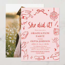 Convite Modern Hand Drawn She did it Graduation Party