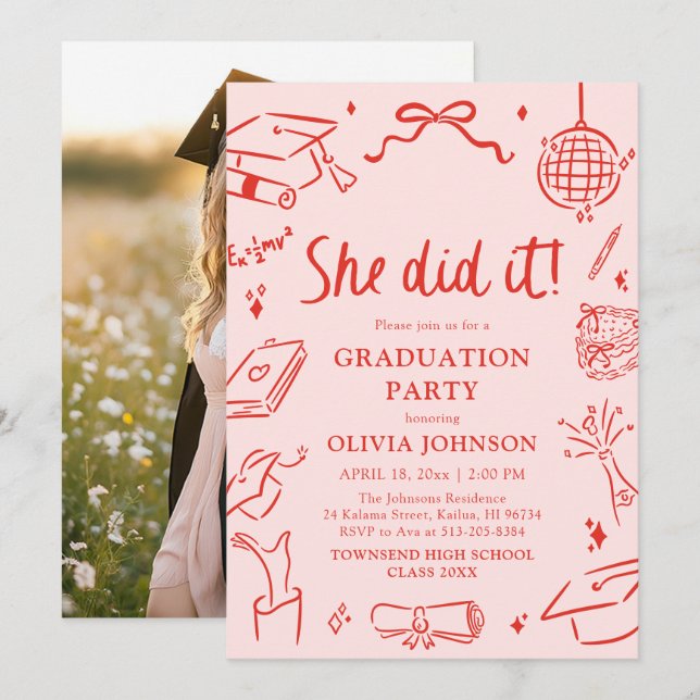Convite Modern Hand Drawn She did it Graduation Party (Frente/Verso)