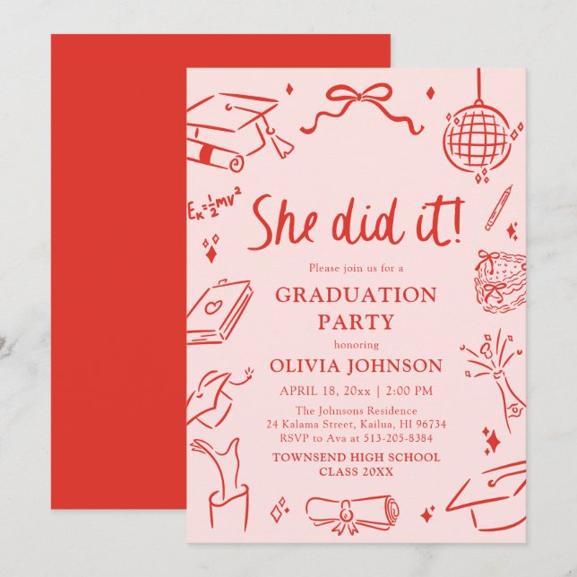 Convite Modern Hand Drawn She did it Graduation Party (Frente/Verso)