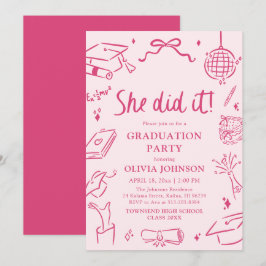 Convite Modern Hand Drawn She did it Pink Graduation Party