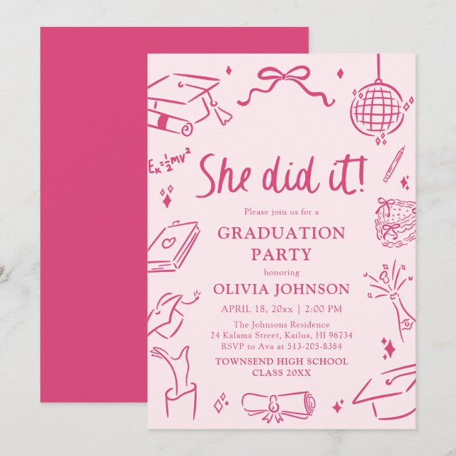 Convite Modern Hand Drawn She did it Pink Graduation Party (Frente/Verso)